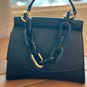 Aldo Black Leather Satchel with Bold Chain Accent NWOT